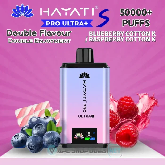 Hayati-Pro-Ultra-S-50000-Puffs-Disposable-Vape-Blueberry-Cotton-K-Raspberry-Cotton-K